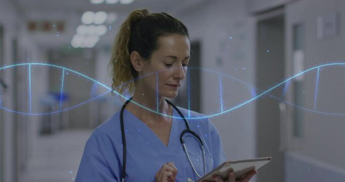Healthcare worker tapping tablet navigating patient data, DNA helix overlay shifting around torso