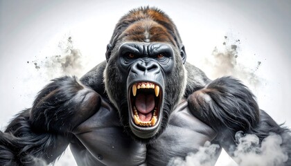 Furious Gorilla Roaring with Aggressive Ape with Open Mouth, Digital Art, and Smoky Effect.