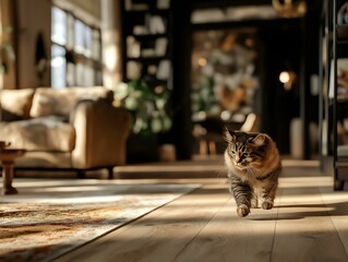 Obraz premium ginger kitten walking in sunlit room, hardwood floor, interior, domestic scene