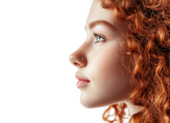 Profile portrait of a young woman with curly red hair and a delicate facial expression against a dark background emphasizing natural beauty and features