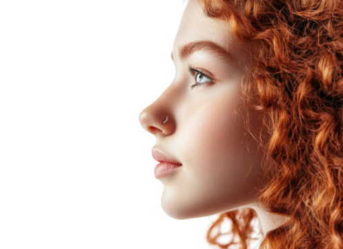 Profile portrait of a young woman with curly red hair and a delicate facial expression against a dark background emphasizing natural beauty and features