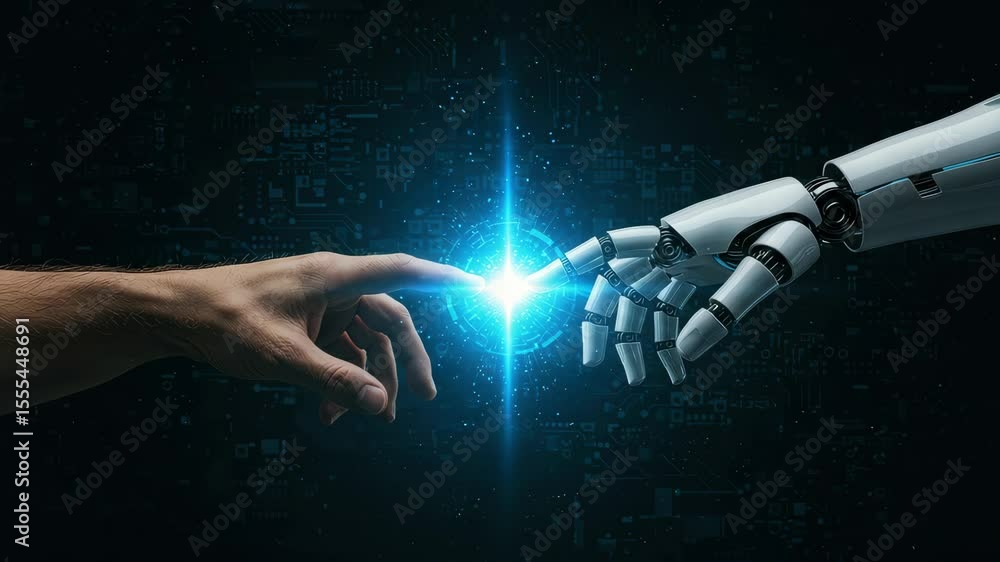 Poster human and robot hand reaching for a shared spark of connection in digital realm
