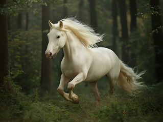 Obraz premium white horse running in forest, sunlit clearing, atmospheric perspective, powerful stride