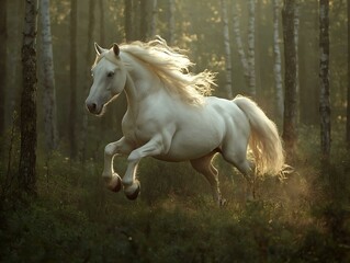 white horse leaping in forest, sunbeams breaking through trees, majestic movement