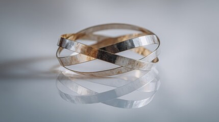 Elegant metallic interlocked bracelet on reflective surface jewelry accessory