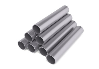 stack of steel pipes. 3d render showing stainless steel pipes stacked in pyramid formation. Clean metal tube design on white background, perfect for industrial or engineering use.