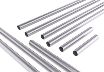 metal pipes background. 3d render showing different lengths of stainless steel pipes aligned in clean layout. Industrial and modern concept for engineering, construction or design use.