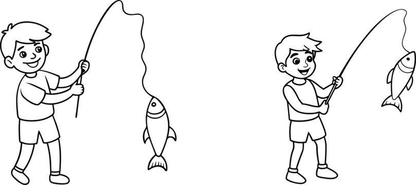 a boy who catching fish by hook for kids coloing book