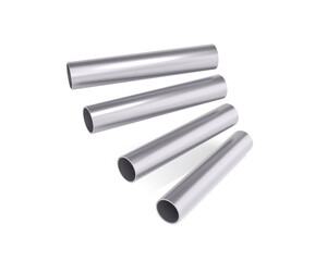 stack of steel pipes. 3d render of four metal tubes aligned diagonally. Stainless steel pipes on white background, clean industrial design for engineering or architectural use.