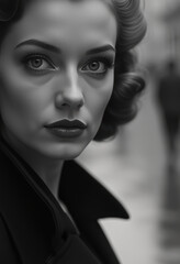 Woman in coat staring intently