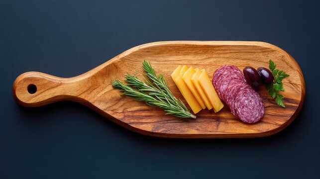 An artistic arrangement of cheese slices, salami, olives, and fresh rosemary on a rustic wooden serving board against a dark background, perfect for gourmet food presentations.