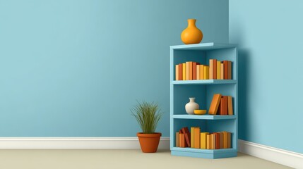 Bright and Contemporary Corner with a Colorful Bookshelf, Stylish Decor, Potted Plant, and Cheerful Vase in a Light Blue Room Setting