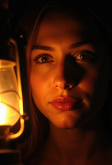 Woman holding lantern in dark room