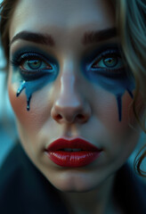 Person with artistic makeup and serious expression