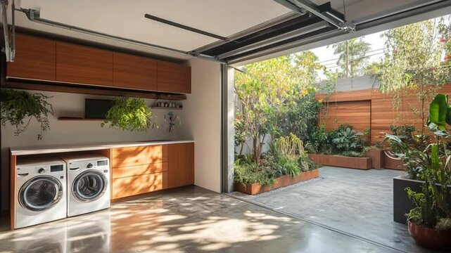 Modern Garage Conversion: Laundry Room Oasis with Backyard Garden View