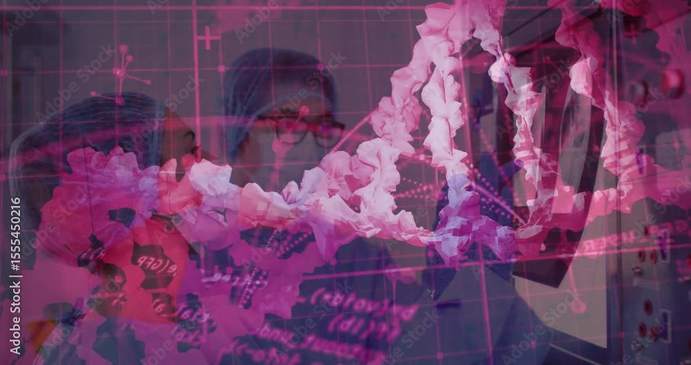 Poster genetics researchers inputting data and monitoring dna helix rotating via magenta grid for analysis
