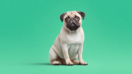 Charming pug sitting on bright green background with expressive eyes, showcasing the adorable features and personality of this beloved dog breed in a playful setting.