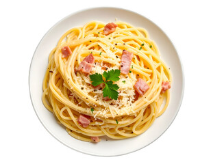 Classic carbonara pasta on white plate