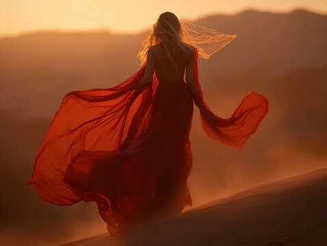 a woman in a sheer, flowing red dress walks through a desert landscape during a warm, golden sunset - Powered by Adobe