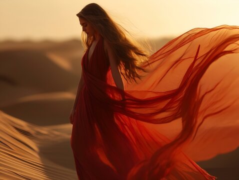 red dress desert sunset woman flowing fabric warm light dynamic pose captivating scene