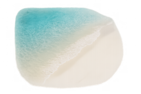 Pristine white sandy shoreline merging with tranquil turquoise waters, transparent overlay perfect for travel design concepts