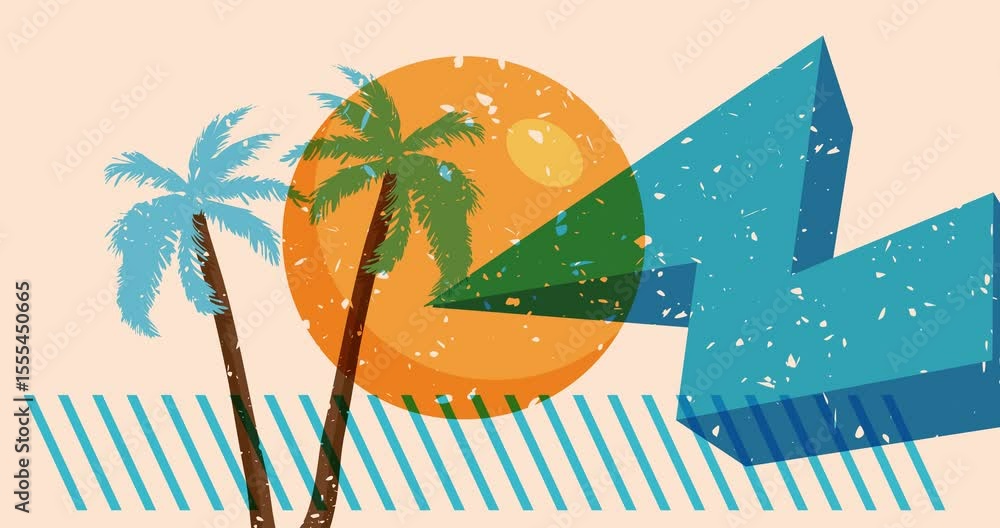 Poster risograph palm tree with geometric shapes animation. moving object in trendy riso graph design video