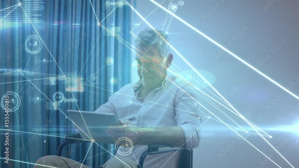 Poster senior man tapping tablet screen and studying animated network interface for tech data insights