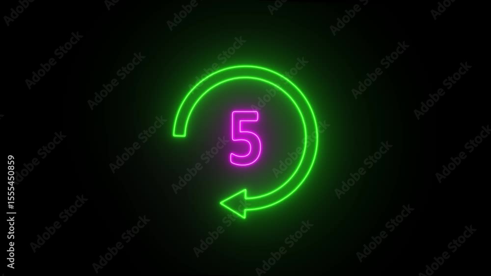 Poster glowing neon 10 second countdown timer animation, ten seconds stopwatch icon animation with recyclin