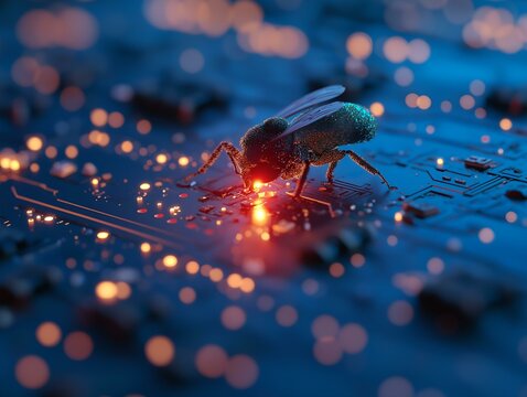 a macro shot of a common housefly on a dark blue circuit board with glowing orange data points and sparks