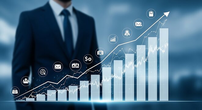 Confident businessman in suit with upward financial graph and business icons, symbolizing business growth, financial success, market analytics, and strategic corporate progress