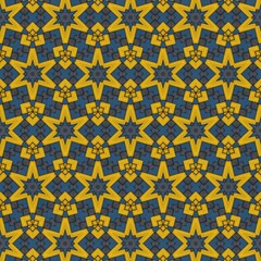 Vibrant geometric pattern featuring a repetitive design of star shapes in contrasting blue and golden hues