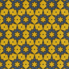 Intricate geometric composition featuring a repetitive arrangement of star and diamond shapes in vibrant yellow and deep blue