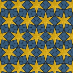 Vibrant geometric pattern featuring a repeated design of star shapes in bright yellow and deep blue