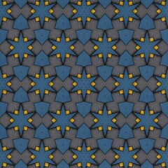 Dynamic geometric design displaying a repetitive arrangement of star and shield shapes in rich blue and vibrant yellow