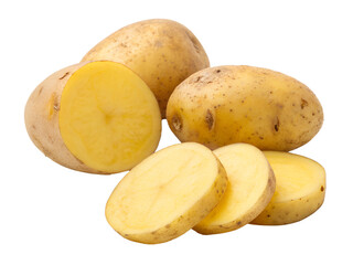 Whole and sliced yellow potatoes isolated on transparent background