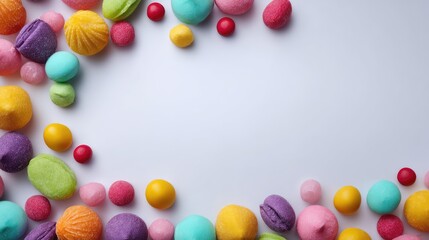 Obraz premium Colorful Arrangement of Assorted Candies and Sweets on a Plain Background, Perfect for Celebrations and Treats with a Vibrant and Playful Aesthetic