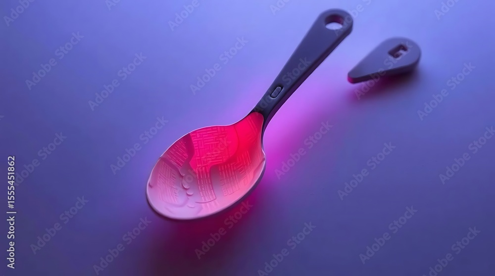 Poster illuminated spoon with water droplets and geometric reflection patterns