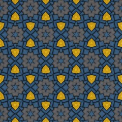 Dynamic geometric pattern featuring a repetitive arrangement of triangular and star shapes in vibrant yellow and deep blue