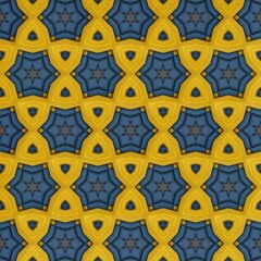 Vibrant geometric design featuring a repetitive arrangement of star shapes and curved lines in rich yellow and deep blue