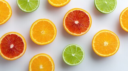 Obraz premium Vibrant Citrus Fruits Displayed in an Artistic Arrangement of Fresh Oranges, Blood Oranges, and Limes on a Clean White Background for Food Photography