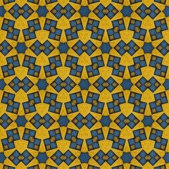 Vibrant geometric pattern displaying a repetitive arrangement of interlocking square shapes and star motifs in bright yellow and deep blue
