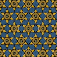 Intricate geometric pattern featuring a repetitive design of star shapes and squares in vibrant yellow and deep blue