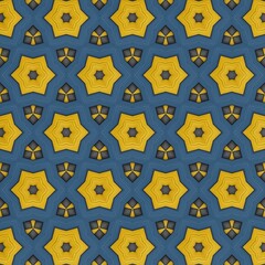 Intricate geometric pattern featuring a repetitive arrangement of star shapes in bright yellow with dark blue and gold accents