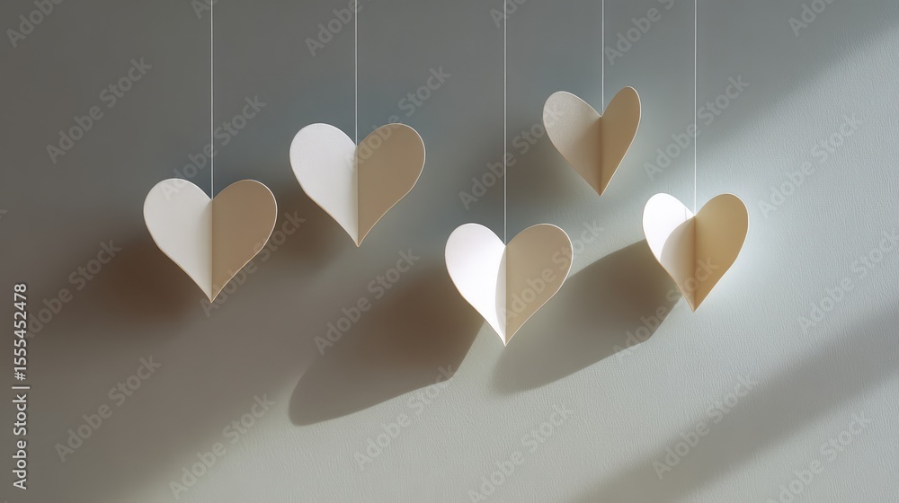 Poster elegant display of paper hearts hanging gracefully against a soft gray background highlighting love 
