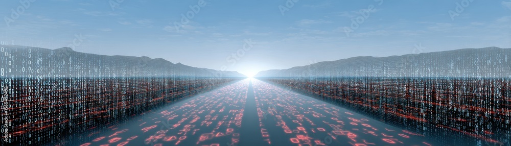 Poster digital data streams form a futuristic landscape with binary code lines fading into a bright horizon