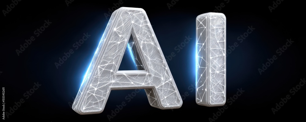 Poster a glowing 3d wireframe rendering of the letters 