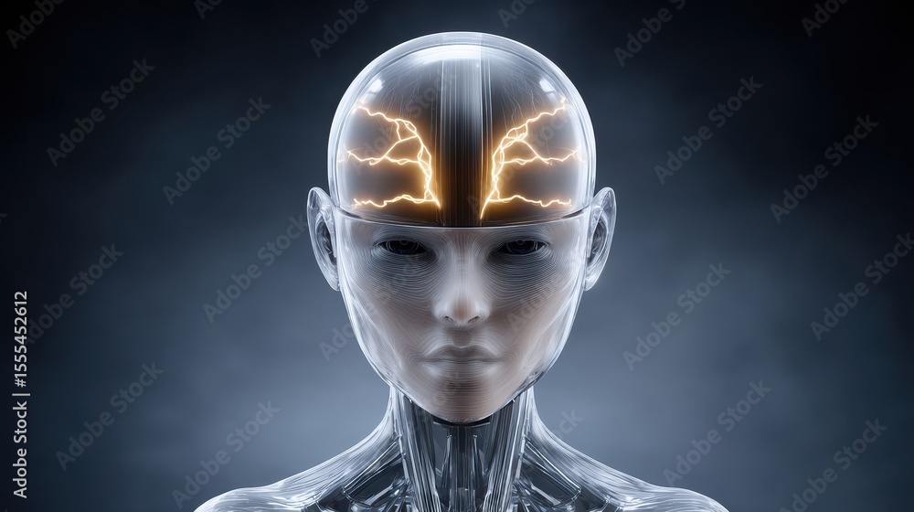 Poster a futuristic humanoid robot with a transparent head showing electric brain activity, symbolizing art