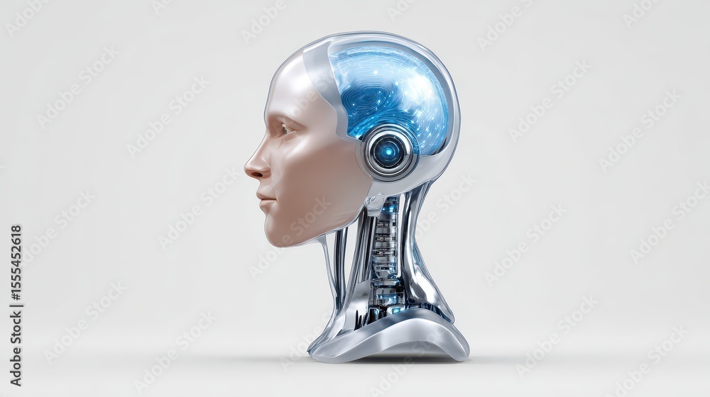 Poster a futuristic humanoid robot head with a transparent blue brain and metallic body, symbolizing advanc