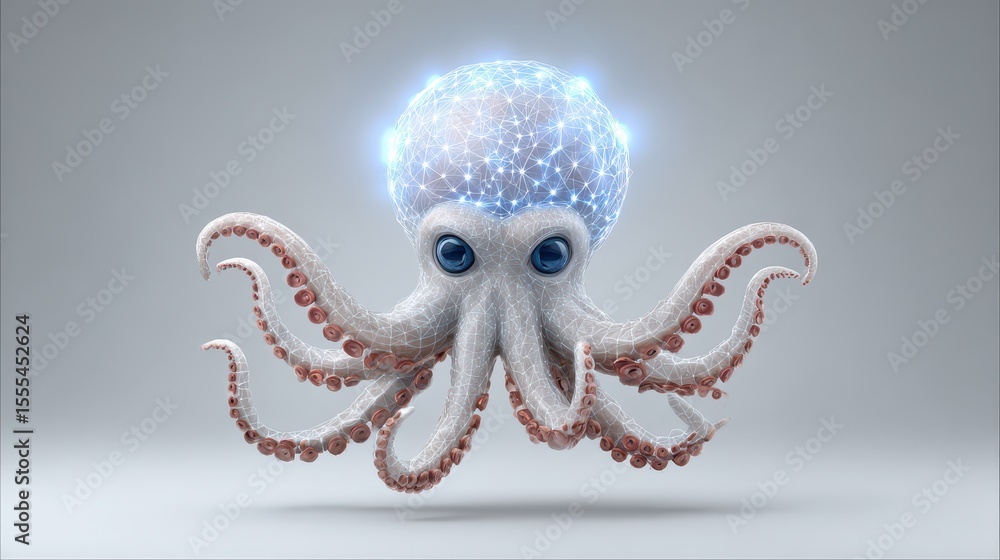 Poster a digital octopus with a glowing neural network in its head symbolizes intelligence and technology i