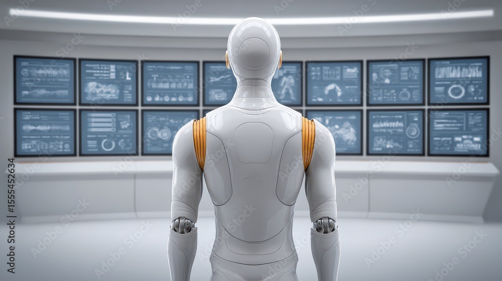 Poster a humanoid robot analyzes multiple digital data screens in a futuristic control room.
